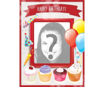 Geburtstagskarte mit süßen Kuchen und festliche Dekoration mit Luftballons und roten Rahmen um ein Bild zu setzen