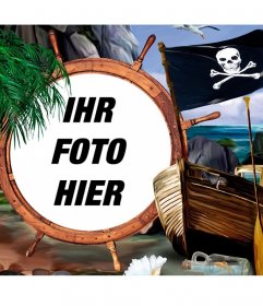 Zusammensetzung mit einer Piratenflagge, ein Schiff und Schätze, um Ihr Foto auf einem Ruder setzen
