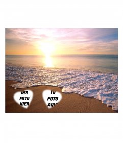 Legen Sie zwei Bilder in den Sand am Strand mit einem Sonnenuntergang im Hintergrund am Strand.