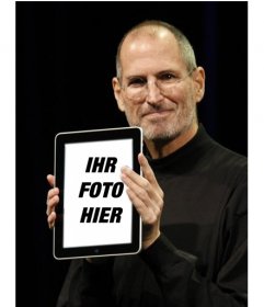 Fotomontage mit beliebten Charakteren. in dieser Montage, Steve Jobs, CEO von Apple lässt Ihre Fotos in einem iPad