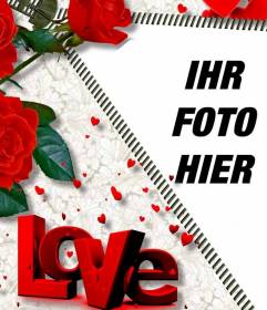 Online-Foto-Rahmen LOVE, der das Foto, das Sie beim Öffnen eines Reißverschlusses enthält. Rosen schmücken Montage