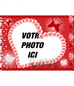 Carte postale pour la Saint Valentin en forme de coeur, fond rouge, papillons et le mot LOVE
