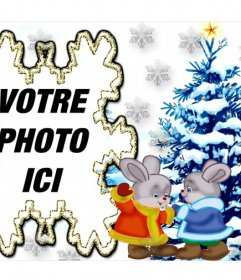 Image avec deux lapins et un arbre de Noël pour ajouter votre photo