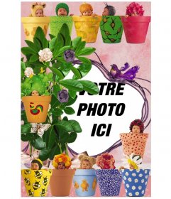 Cadre photo composée de photographies de bébés adorables habillés comme des animaux ou des perruques colorées cachés dans des pots