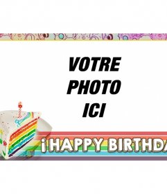 Carte danniversaire avec gâteau arc en ciel et cadre rose