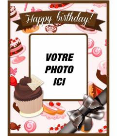 Carte postale d"anniversaire avec une photo et un texte de personnaliser et de gâteaux petits gâteaux roses et les bruns et un grand arc