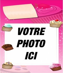 Carte d"anniversaire dans des couleurs roses décoré avec des petits gâteaux de mettre une photo en arrière-plan