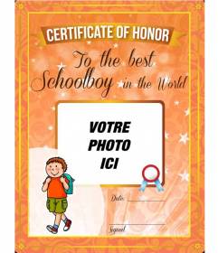 Certificat d"honneur au meilleur étudiant dans le monde à personnaliser avec une photo en ligne