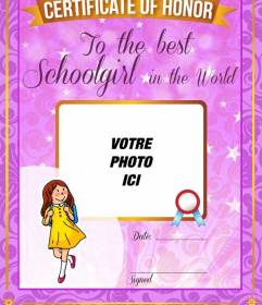 Certificat à personnaliser avec une photo pour le meilleur étudiant dans le monde avec un cadre violet