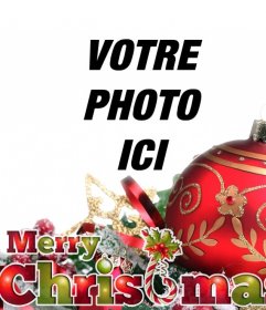 Carte postale de Noël avec boule rouge et ornements avec le texte JOYEUX NOËL aux couleurs de Noël