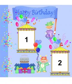 Carte de voeux d"anniversaire personnalisé avec 2 photos. Clowns et décorations de fête