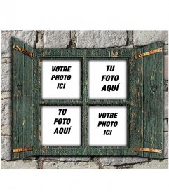 Collage de mettre quatre images sur une fenêtre en bois vert sur un mur de pierre