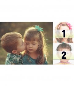 Cadre pour deux photos avec un couple denfants embrassant tendrement. Rappelez-