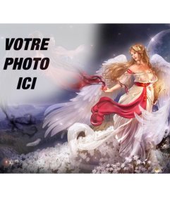 Créer un collage en ligne avec une femme ange ailé dans un monde fantastique entouré de fleurs