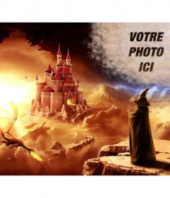 Créer un collage en ligne dans un monde fantastique avec un magicien regardant un château et un dragon
