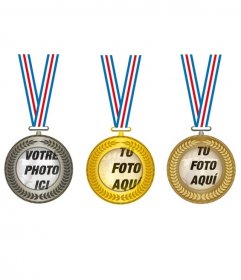 Collage avec trois médailles dor, dargent et de bronze, à mettre au centre trois photos de champions