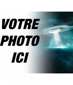 Créer un photomontage avec un enlèvement par des extraterrestres dans le fond, où un OVNI prend une personne dans la nuit sur un quai.