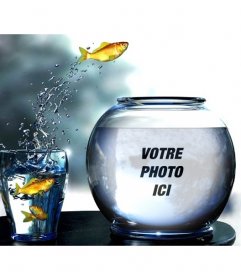 Créer un photomontage avec un réservoir plein deau avec des poissons jaunes sautant dun verre où vous pourrez mettre une photo
