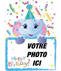 Carte d"anniversaire dans lequel comprendra une photographie détenu par un éléphant bleu. Fonds du parti