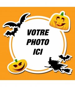 Cadre orange de photo de la trame dhorreur de Halloween pour des photos avec les citrouilles, les chauves-souris et la silhouette dune sorcière. 