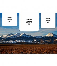 Collage de 3 photos avec un fond de sommets enneigés