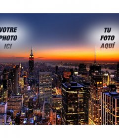 Dans ce collage Votre photo apparaît deux fois, jeté dans le ciel de New York. image spectaculaire d"un coucher de soleil avec les lumières des gratte-ciel éclairés