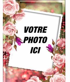 Cadre photo avec des roses autour et un fond rose et vert brouillé à personnaliser avec photo et texte