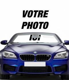 Conduire une BMW décapotable bleu avec ce photomontage dans lequel vous pouvez mettre votre photo à regarder comme vous êtes au volant d"une voiture