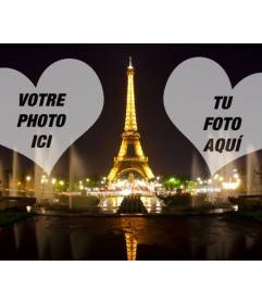 Photomontage avec la tour Eiffel illuminée à Paris et deux coeurs où placer vos photos