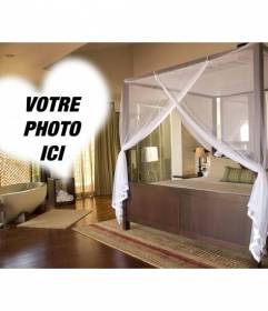 Photomontage sur un hôtel romantique avec un beau lit et de bain dans la chambre et un cadre en forme de coeur pour mettre votre photo
