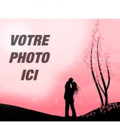 Crée un montage romantique avec cette image dun couple qui sembrasse dans un paysage avec des fleurs roses et limage que vous téléchargez en ligne