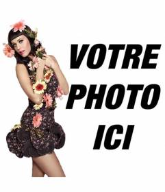 Photomontage avec la chanteuse Katy Perry avec les fleurs et le style de pin-up avec robe noire et les cheveux noirs avec bang