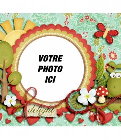 Cadre photo pour décorer votre photo avec une grenouille, la végétation et coeurs rouges