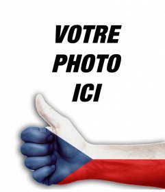 Main avec le pouce et le drapeau de la République tchèque pour ajouter votre photo de photomontages en ligne pour décorer vos photos avec une main et le pouce en place avec le drapeau de la République tchèque, parfait pour votre photo de profil. Et partager avec vos amis pour montrer votre soutien à ce pays avec cet effet libre