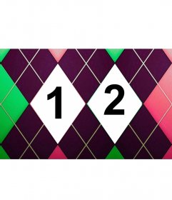 Collage de deux images avec un diamant à motifs vert, rose et violet tweed