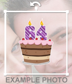Décorez vos photos avec cet autocollant de gâteau pour célébrer 64 ans de leffet photo modifier avec votre photo spéciale pour célébrer un 64e anniversaire heureux avec un sticker décoratif dun gâteau, des cerises et des bougies. Partagez votre image avec leffet libre sur vos réseaux sociaux