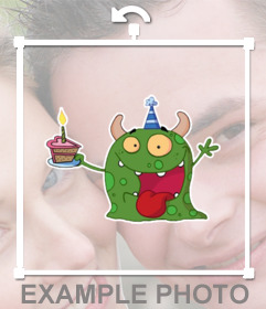 Autocollant avec un petit monstre avec un gâteau à coller sur vos photos 
