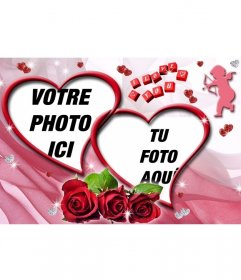 Montage de deux photos de coeur en forme de roses et fond rose