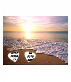 Mettre deux images dans le sable sur la plage avec un fond coucher de soleil à la