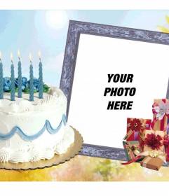 Photo frame with birthday cake and gifts