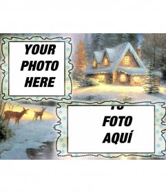 Christmas card charging where you can put two pictures, snowy village background and a deer