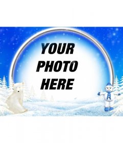 Frame photos of snowy landscape, polar bear and snowman
