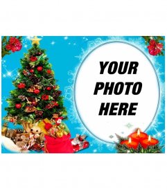 Your photo in a circular frame, next to a Christmas tree full of gifts, and behind three candles drawn. Blue background with glitter effects
