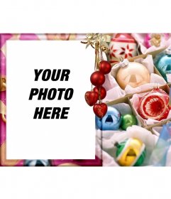 Your photo on a postcard style surrounded by christmas balls