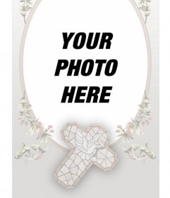 Remembrance First Communion card with photo and text. It consists of a floral frame oval, cross and soft colors where to put a picture and the words of your choice