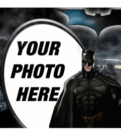 Illustrated collage about Batman, the Dark Knight, silhouetted against Gotham