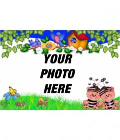Photo frame for childrens of happy bears with green borders and flowers