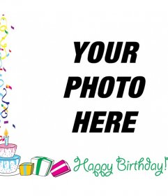 Photo frame with text HAPPY BIRTHDAY with decorations, balloons and birthday gifts