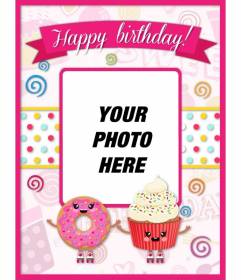 Customizable birthday card decorated with pink kawaii drawings and cupcakes with smiling face