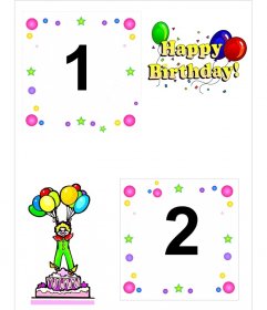 Birthday card for two photos, with motifs of cake, clown and balloons